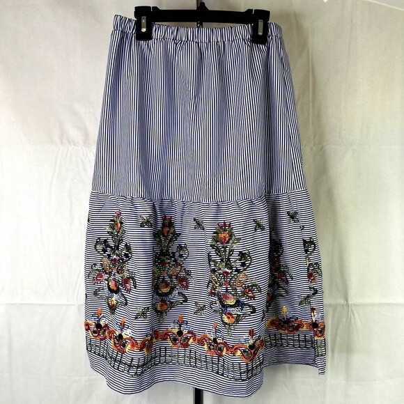MAGIC Striped Floral Aline Embroidered Elastic Waist Midi Boho Skirt Size Small - Picture 10 of 10